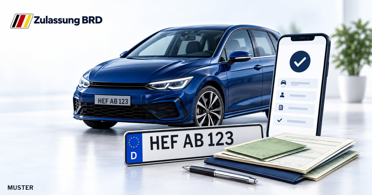 Online Fahrzeugzulassung in Landkreis Hersfeld-Rotenburg: Musterkennzeichen HEF AB 123, Auto und Fahrzeugpapiere und Smartphone. Illustration mit Logo von Zulassung BRD.